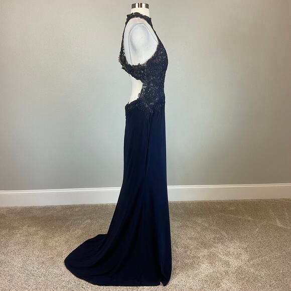 Avery G Beaded Lace Backless Long A-Line Evening Gown Blue Size 12 Formal Dress - Picture 4 of 10